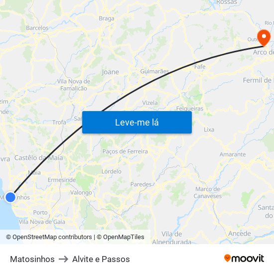 Matosinhos to Alvite e Passos map