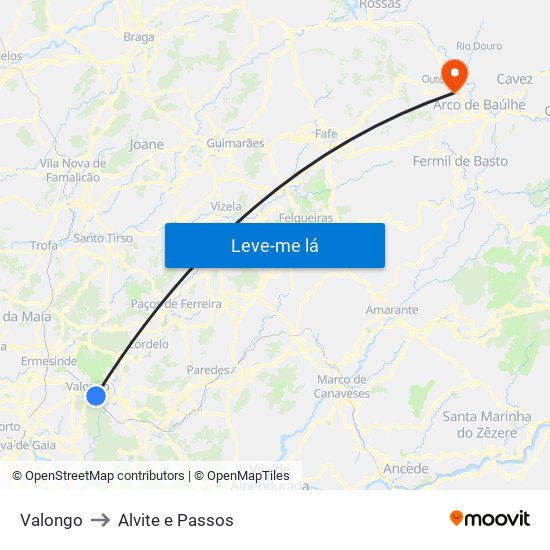 Valongo to Alvite e Passos map