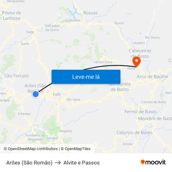 Arões (São Romão) to Alvite e Passos map