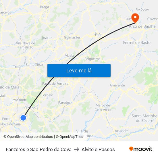 Fânzeres e São Pedro da Cova to Alvite e Passos map