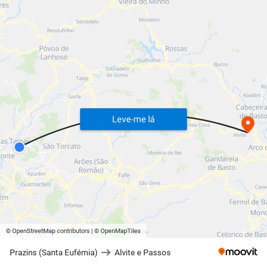 Prazins (Santa Eufémia) to Alvite e Passos map