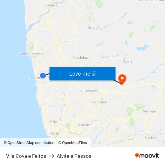 Vila Cova e Feitos to Alvite e Passos map