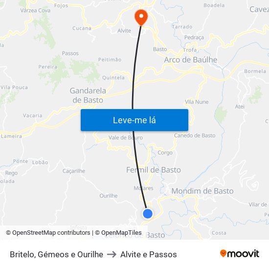 Britelo, Gémeos e Ourilhe to Alvite e Passos map