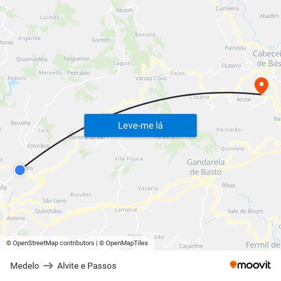 Medelo to Alvite e Passos map