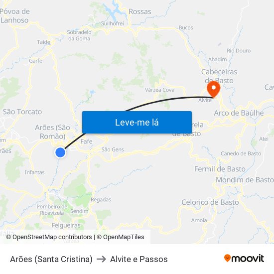 Arões (Santa Cristina) to Alvite e Passos map