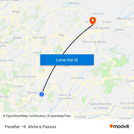 Penafiel to Alvite e Passos map