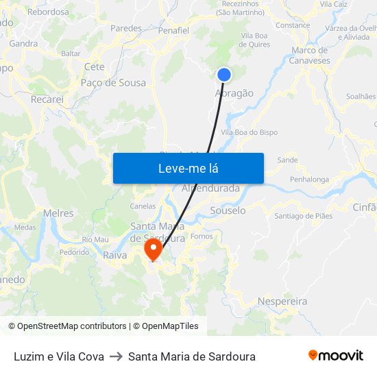 Luzim e Vila Cova to Santa Maria de Sardoura map