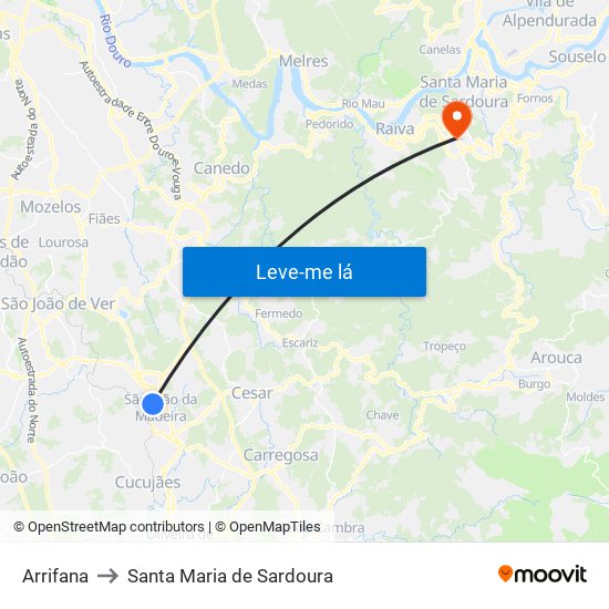 Arrifana to Santa Maria de Sardoura map