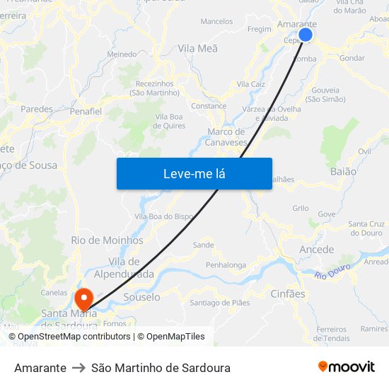 Amarante to São Martinho de Sardoura map