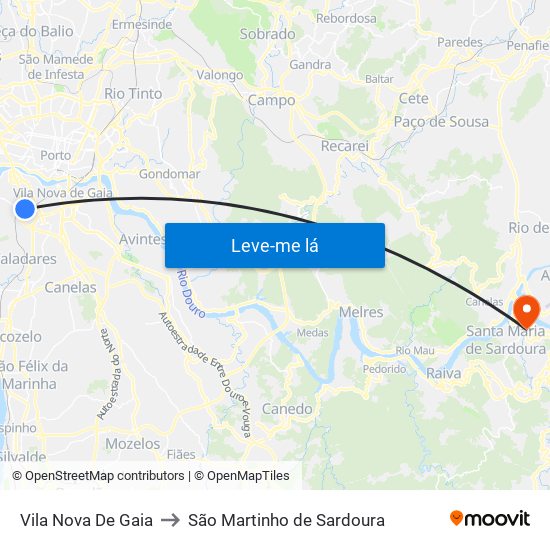 Vila Nova De Gaia to São Martinho de Sardoura map