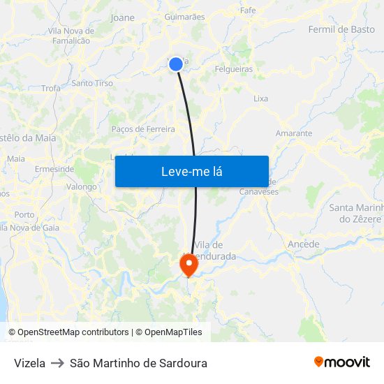 Vizela to São Martinho de Sardoura map