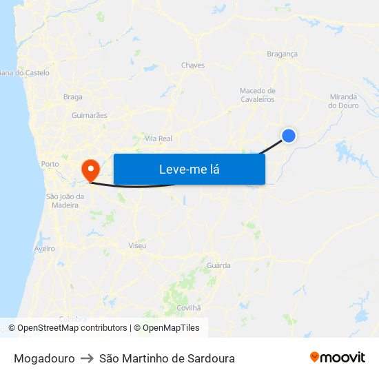 Mogadouro to São Martinho de Sardoura map