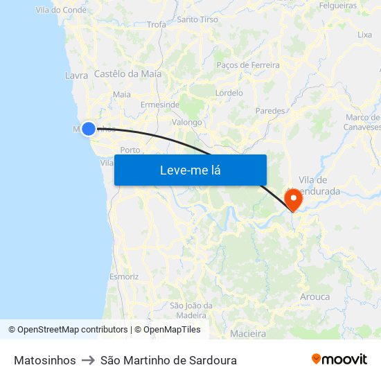 Matosinhos to São Martinho de Sardoura map