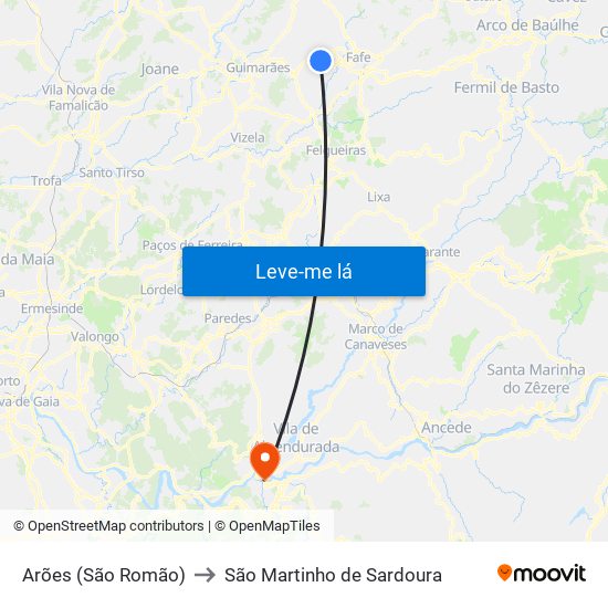 Arões (São Romão) to São Martinho de Sardoura map