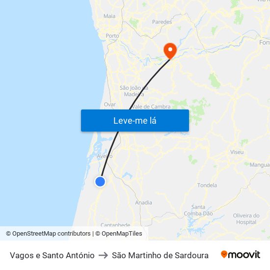 Vagos e Santo António to São Martinho de Sardoura map