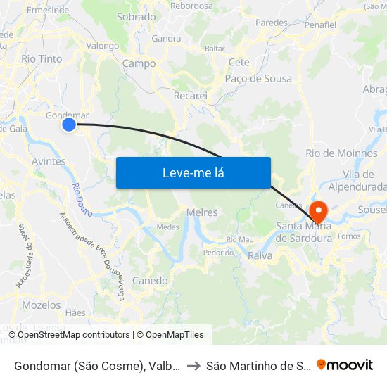 Gondomar (São Cosme), Valbom e Jovim to São Martinho de Sardoura map