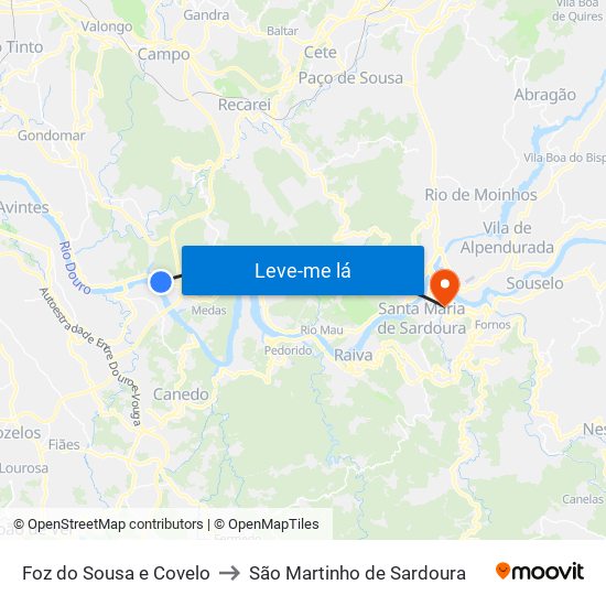 Foz do Sousa e Covelo to São Martinho de Sardoura map