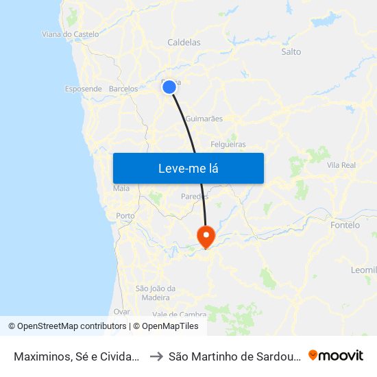 Maximinos, Sé e Cividade to São Martinho de Sardoura map