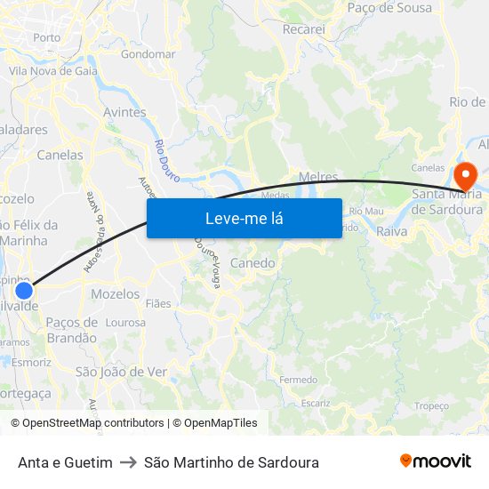 Anta e Guetim to São Martinho de Sardoura map