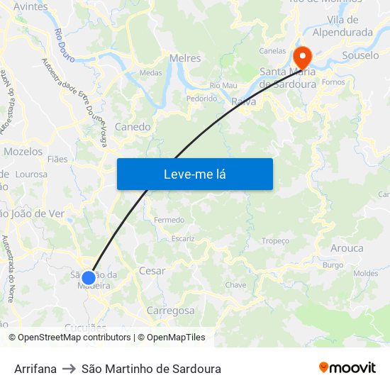Arrifana to São Martinho de Sardoura map