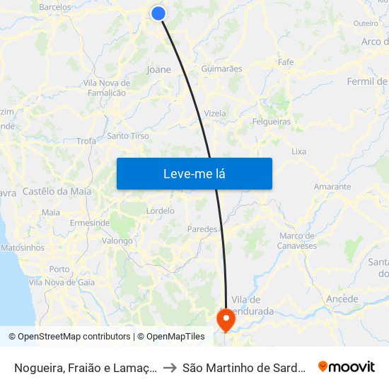 Nogueira, Fraião e Lamaçães to São Martinho de Sardoura map