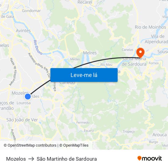 Mozelos to São Martinho de Sardoura map
