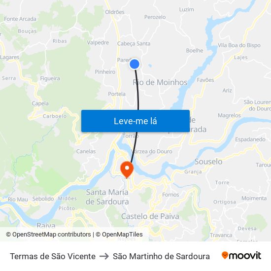 Termas de São Vicente to São Martinho de Sardoura map