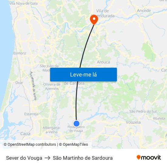 Sever do Vouga to São Martinho de Sardoura map