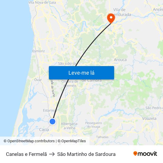 Canelas e Fermelã to São Martinho de Sardoura map