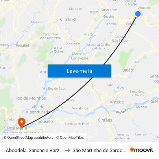 Aboadela, Sanche e Várzea to São Martinho de Sardoura map