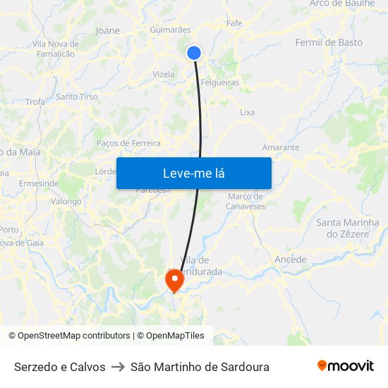 Serzedo e Calvos to São Martinho de Sardoura map