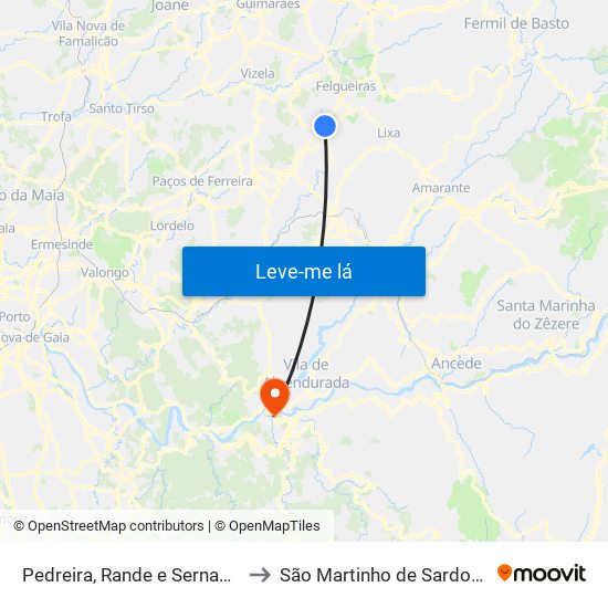 Pedreira, Rande e Sernande to São Martinho de Sardoura map