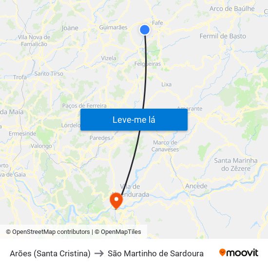 Arões (Santa Cristina) to São Martinho de Sardoura map