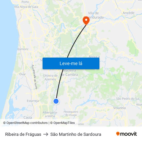 Ribeira de Fráguas to São Martinho de Sardoura map