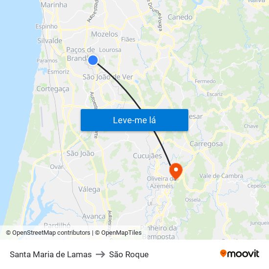 Santa Maria de Lamas to São Roque map
