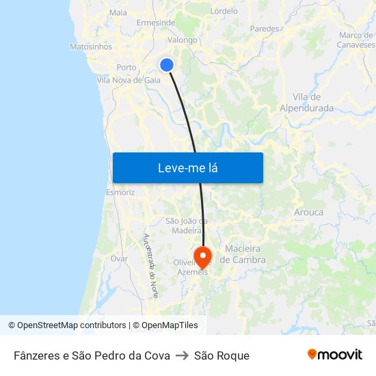 Fânzeres e São Pedro da Cova to São Roque map
