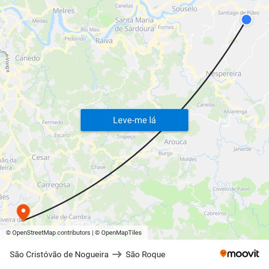 São Cristóvão de Nogueira to São Roque map