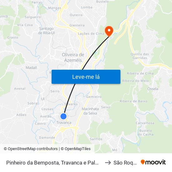 Pinheiro da Bemposta, Travanca e Palmaz to São Roque map