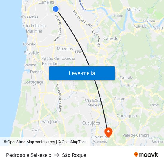 Pedroso e Seixezelo to São Roque map