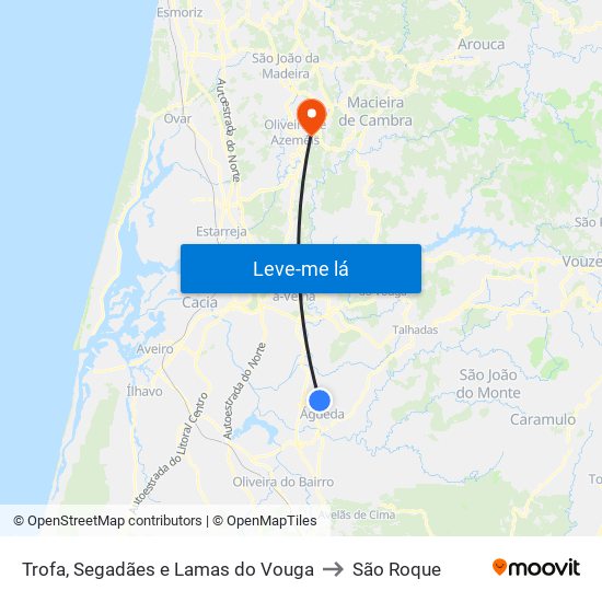 Trofa, Segadães e Lamas do Vouga to São Roque map