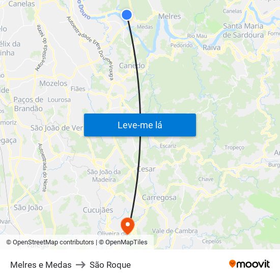 Melres e Medas to São Roque map