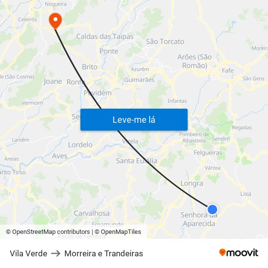 Vila Verde to Morreira e Trandeiras map