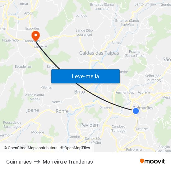 Guimarães to Morreira e Trandeiras map