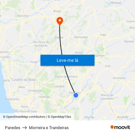 Paredes to Morreira e Trandeiras map