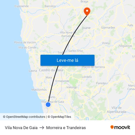 Vila Nova De Gaia to Morreira e Trandeiras map