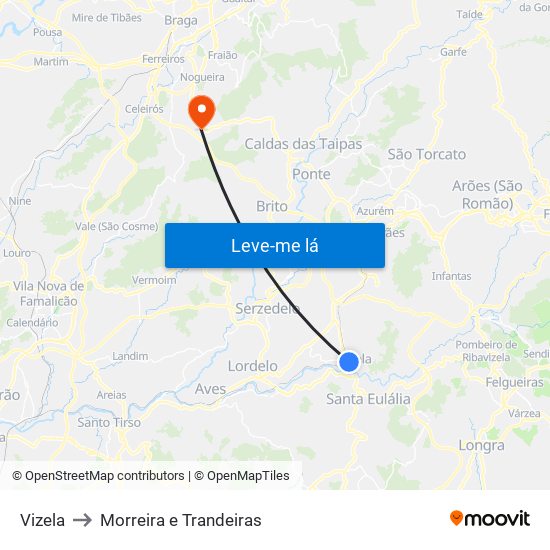 Vizela to Morreira e Trandeiras map