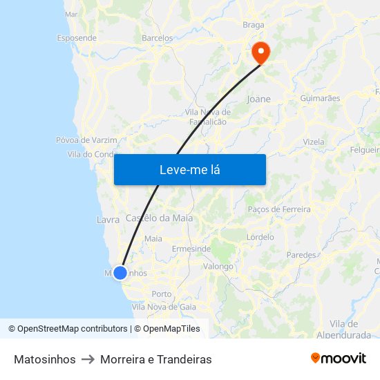 Matosinhos to Morreira e Trandeiras map