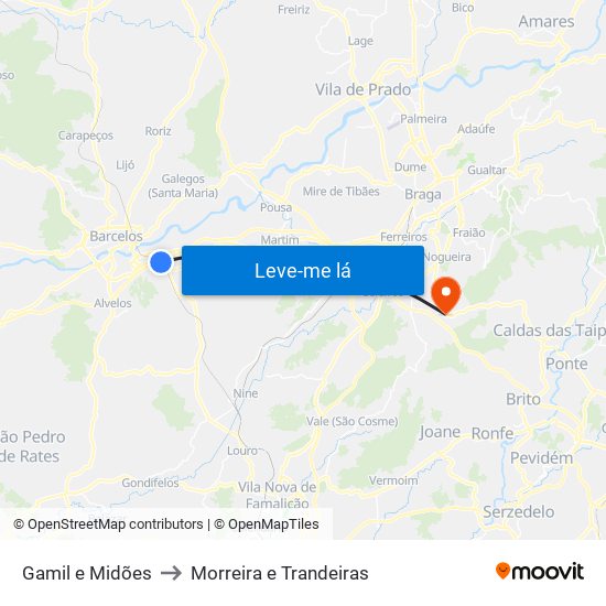 Gamil e Midões to Morreira e Trandeiras map