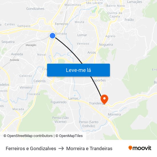 Ferreiros e Gondizalves to Morreira e Trandeiras map