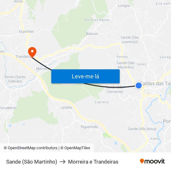 Sande (São Martinho) to Morreira e Trandeiras map